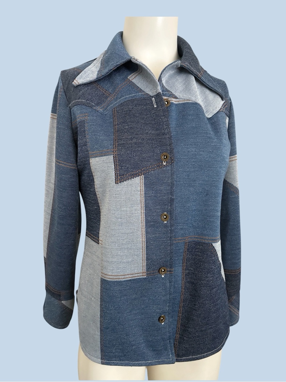 Vintage 70’s Faux Denim Patchwork Dagger Collar Shirt S - M